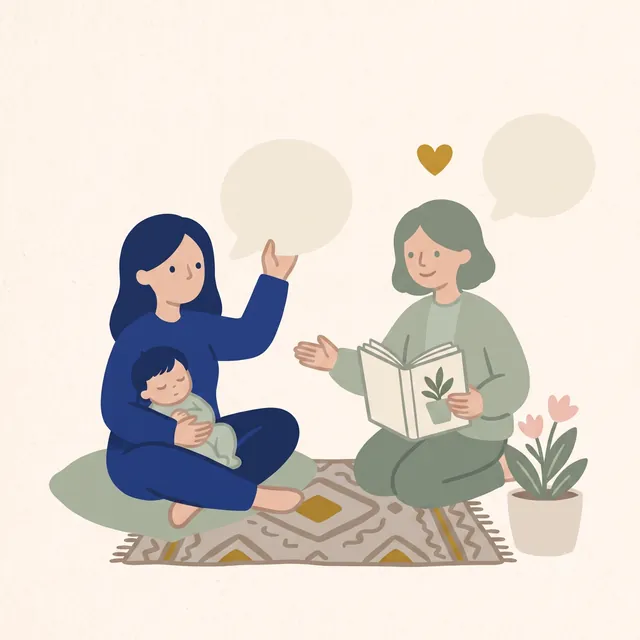 Ilustración de dos personas conversando, una con un bebé en brazos